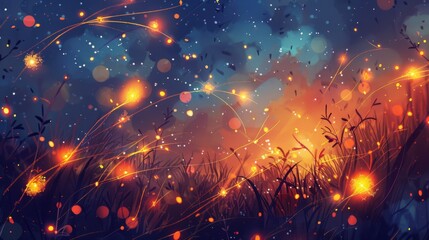 A painting of a field with bright orange and yellow lights. The mood of the painting is warm and inviting - obrazy, fototapety, plakaty
