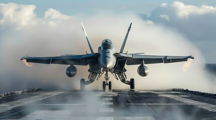 Fototapeta premium A fighter jet ready for takeoff on an aircraft carrier amidst the clouds