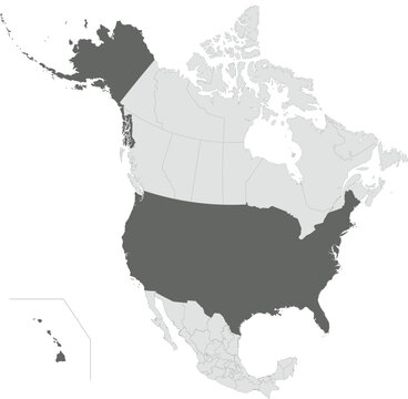 Dark grey detailed blank political map of the UNITED STATES with black state borders on transparent background using orthographic projection of the light grey North American continent