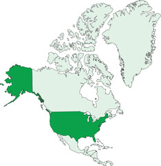 Dark green blank political map of the UNITED STATES with black borders on transparent background using orthographic projection of the light green North American continent