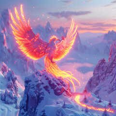 Majestic phoenix rising in snowy mountains