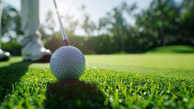Golfer prepares to strike a golf ball on a sunny morning with dewy grass