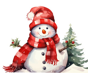 Watercolor illustration of a Christmas snowman in a red hat and scarf, New Year, winter holidays, holiday design, print, vector