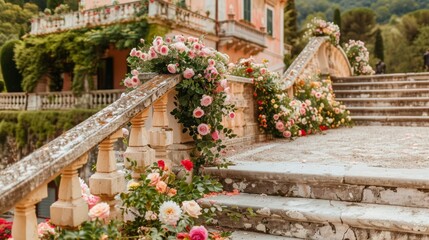 Fototapeta na wymiar Grand Building Adorned With Flowers on the Steps, Sixteenth-century castle complete with a grand staircase as the background for a fairy-tale wedding