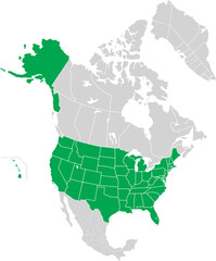 Green detailed blank political map of the UNITED STATES with white state borders on transparent background using orthographic projection of the light grey North American continent