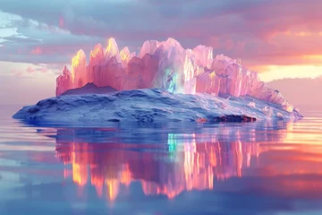 Fotobehang Panoramic view of a glowing iceberg reflecting in calm ocean waters under a vivid sunset sky © Waiwit