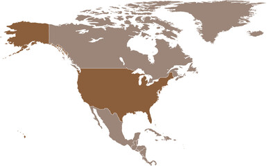 Dark brown detailed blank political map of the UNITED STATES on transparent background using orthographic projection of the light brown North American continent