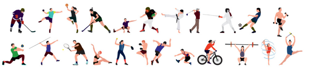 Sports, set of athletes of various sports disciplines. Run, soccer, hockey, volleyball, basketball, rugby, baseball, american football, cycling, golf