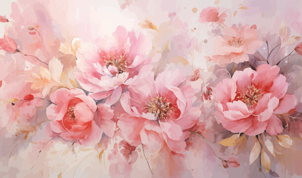Watercolor pink gold flower abstract mural, peonies, tulips, rose, large delicate voluminous flowers, background, wallpaper,