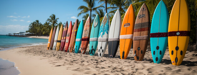 Different color and design surfing boards lay in order at tropical travel beach sand, coconut tress around 