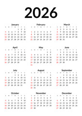 2026 Calendar year vector illustration. The week starts on Sunday. Annual calendar 2026 template. Calendar design in black and white colors, Sunday in red colors. Vector, made with Inkscape