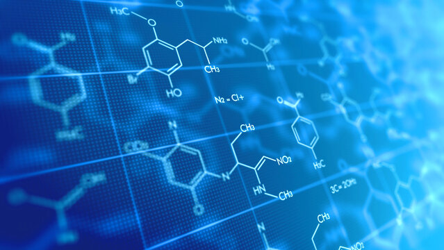 Blue background with chemical structures and symbols, high resolution, white lines on blue grid. Science and chemical concept.
