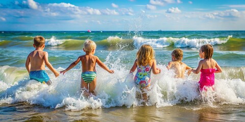 children enjoying the waves at the beach during summer - Powered by Adobe