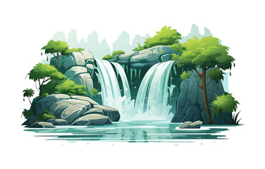 Waterfall in a jungle vector simple 3d smooth cut isolated illustration