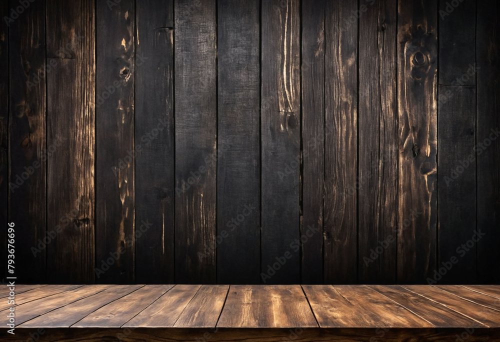 Poster Rustic empty wood table against a dark background