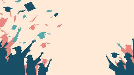 Celebratory graduates throwing caps, pastel backdrop, graduation ceremony concept, with copy space