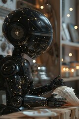 Fototapeta premium Futuristic robot with constellation patterns in cozy interior