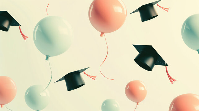 Graduation caps on balloons, whimsical, celebration concept, with copy space