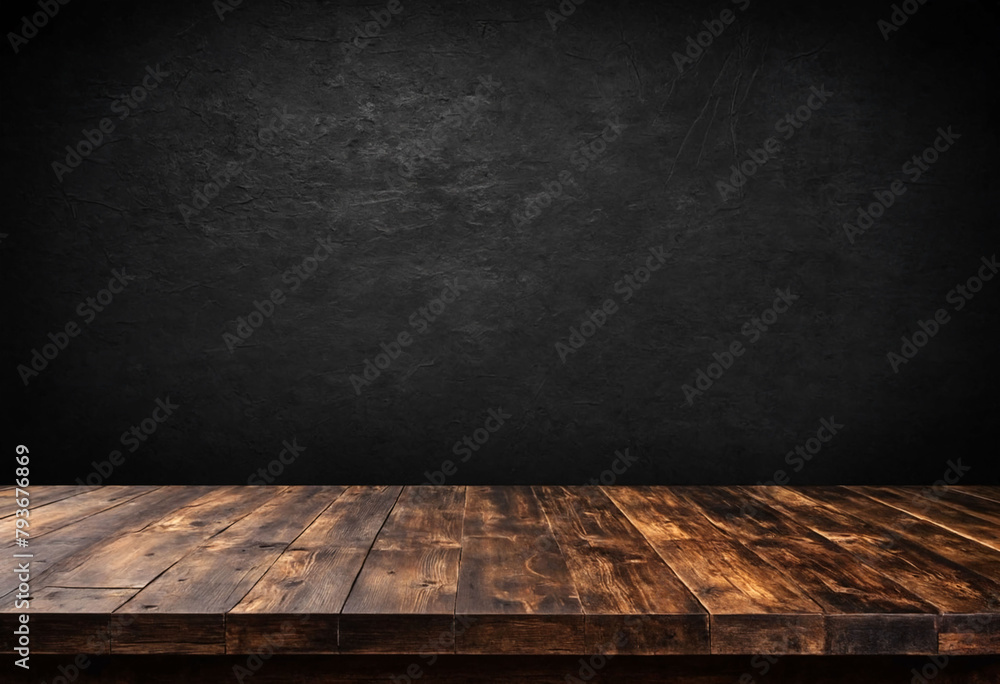 Poster rustic empty wood table against a dark background