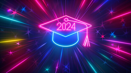 Neon light 2024 graduation cap, colorful futuristic celebration concept