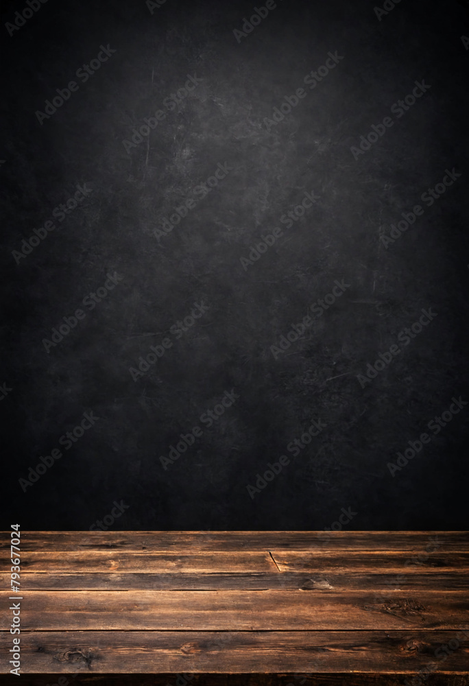 Poster rustic empty wood table against a dark background