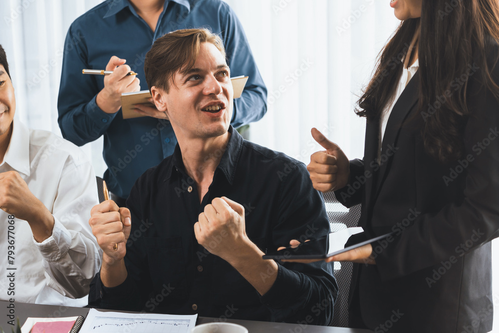Poster excited and happy office worker employee celebrate after make successful strategic business marketin