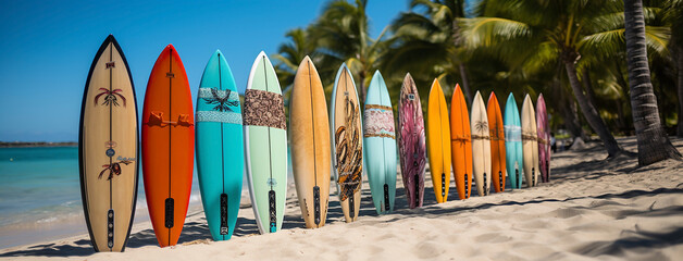 Different color and design surfing boards lay in order at tropical travel beach sand, coconut tress around 