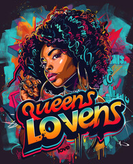 vector graphic of an African American woman with big curly hair, surrounded in the style of graffiti art and the words "queens love"