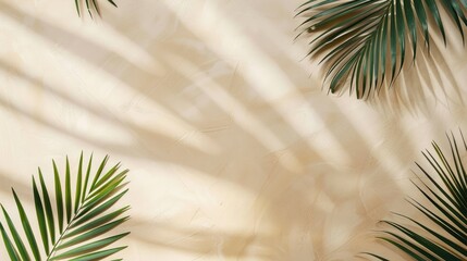 aesthetic beige background with shadow and palm leaves with copy space