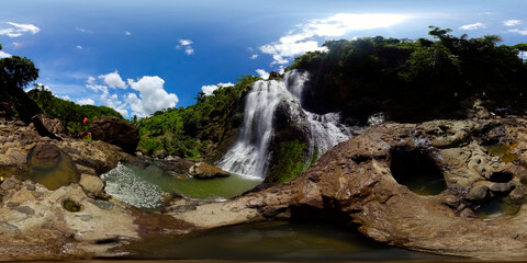 Waterfall in the mountains. Balea Falls. Negros, Philippines. 360 panorama.