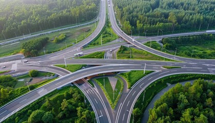 Aerial view of highway intersection amidst treelined landscape - obrazy, fototapety, plakaty