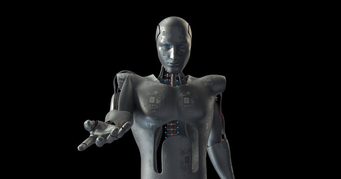 AI Futuristic Robot Showing Indicating Something. Alpha Channel. Technology Related 3D Render.