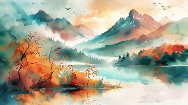 Mountains, forests, and a lake in a watercolor scene, Autumn landscape,
