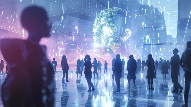 Conceptual image of a futuristic society with advanced AI governance and algorithmic transparency