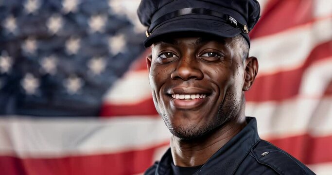 Smiling African American police officer in uniform against a blurred American flag background. Perfect for patriotic campaigns