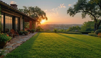 Obraz premium Sunset backdrop illuminating a house with a spacious lawn in front