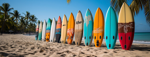 Different color and design surfing boards lay in order at tropical travel beach sand, coconut tress around 