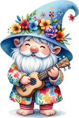 Floral Gnome Playing Guitar Watercolor Illustration

