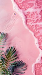 soft pink waves and foam creating a serene backdrop with green palm foliage