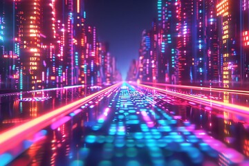 Obraz premium Quantum algorithm visual, flowing code, wide angle, neon lights, sharp focus, 
