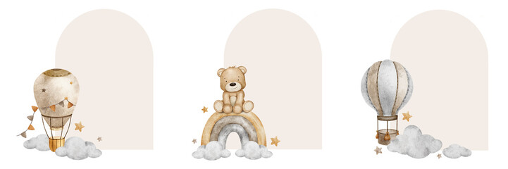 Hot Air Balloons, rainbow, clouds and stars. Set of cute watercolor Isolated frames. Backgrounds for kid's goods, postcards, baby shower and children's room