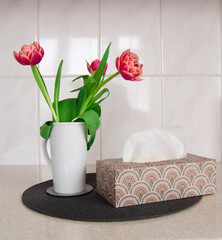 Fresh pink tulips in a white vase 
