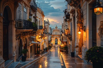 Italian urban skyline and road view during sunset.