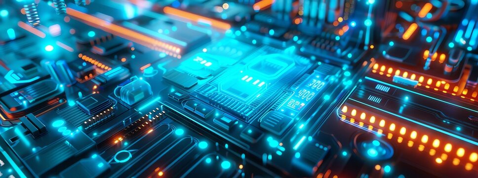 Quantum computer glowing with soft blue lights, futuristic lab, high-angle view, soft focus, 