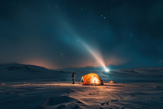Solitary figure beside glowing tent under starry night sky in snowy landscape - Powered by Adobe