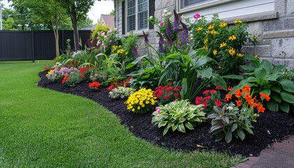 Front of house featuring flowers, mulch, and garden fixtures
