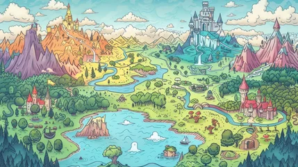 Rolgordijnen A map of a fantasy world with colorful mountains, forests, and castles. © Sippung