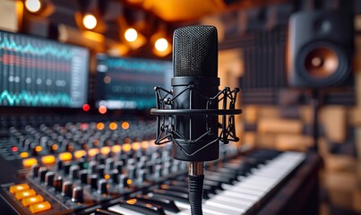 Professional podcast studio setup with microphone