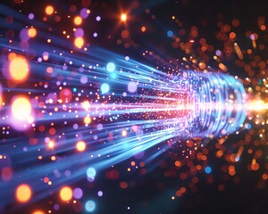 Fototapeta premium Quantum teleportation experiment, particles in motion, side view, dark background, intense light, 