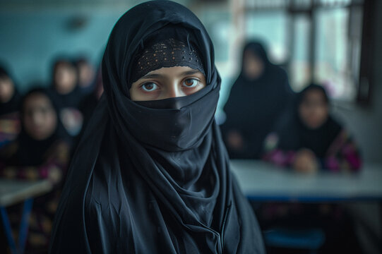 Portrait d'une belle jeune fille naturelle de religion islamiste v&eacute;tue de noir avec un voile dans une salle de classe